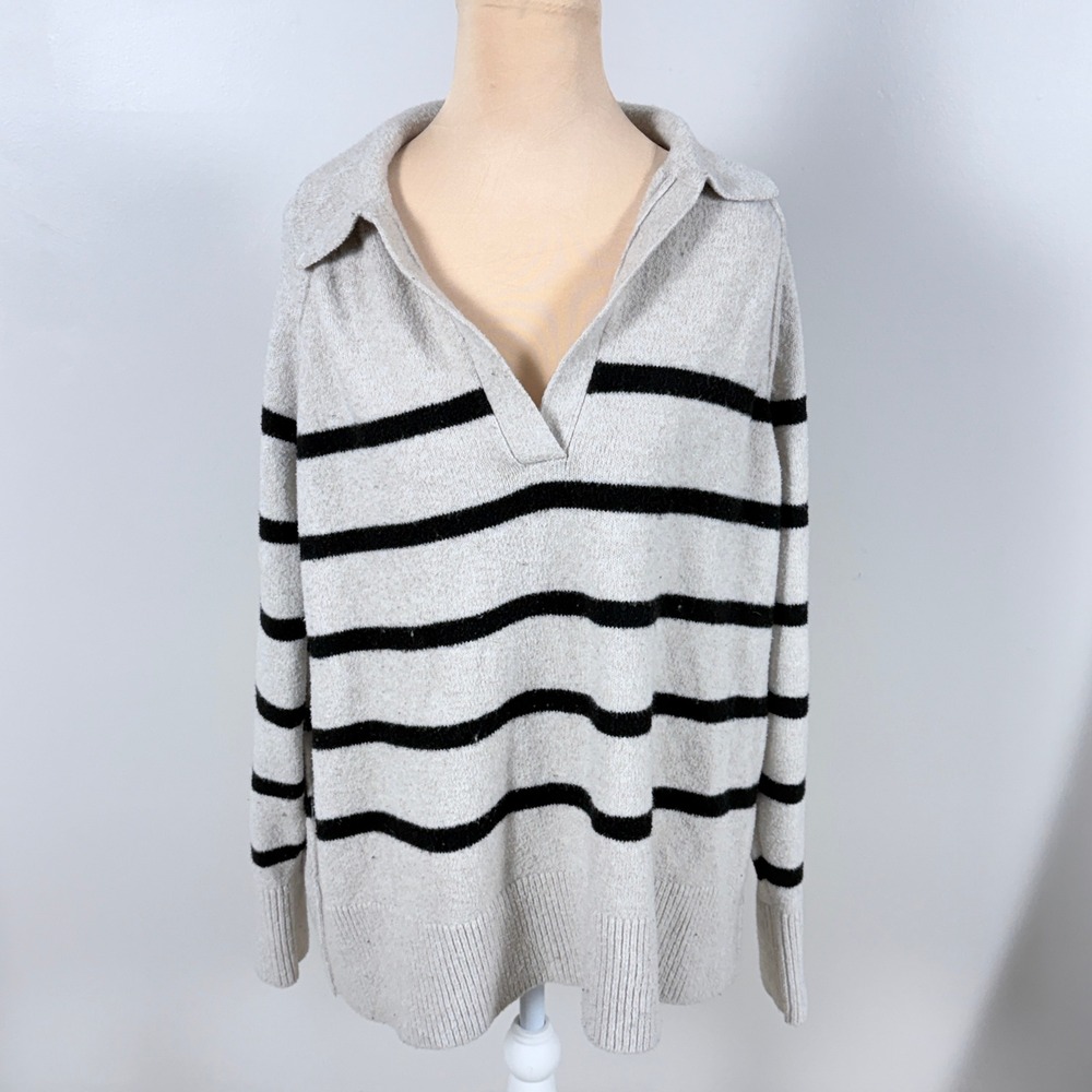 Aerie Striped Polo Sweater Women M Gray Coastal Grandma Preppy Nautical,